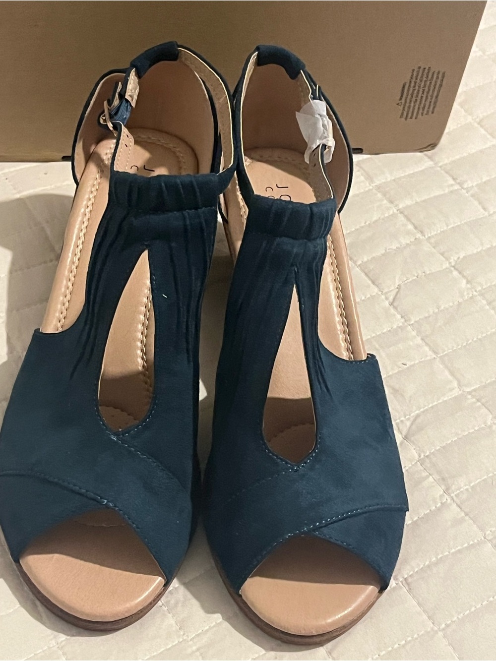 Journee Collection Teal Blue T-Strap Peep Toe Wedge Sandals